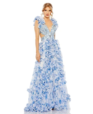 Mac Duggal Women's Ruffle Tiered Cap Sleeve Cut Out Open Back Gown