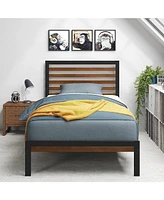 Slickblue Twin Metal Platform Bed Frame with Wood Slatted Headboard and Footboard for Stylish Support