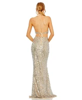 Mac Duggal Women's Cut Out Halter Tie Back Sequin Gown