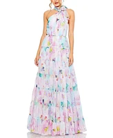 Mac Duggal Women's Floral Print Asymmetrical Halter Neck Tiered Gown