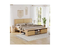 gaomon Natural Rattan Full Size Bed Frame with Sliding Barn Door Storage Cabinets and Headboard