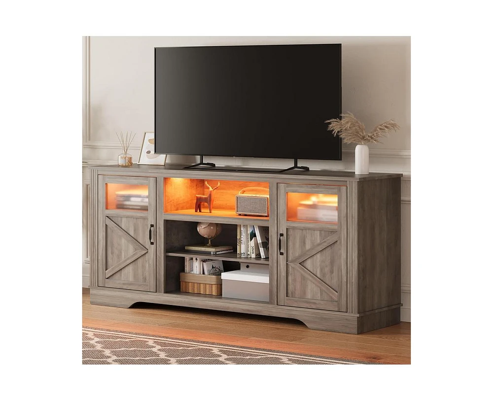 gaomon Farmhouse Tv Stand with Led Lights, Entertainment Center for 65/60/55 Inches Televisions, Tv Console with Storage Cabinets and Open Shelves