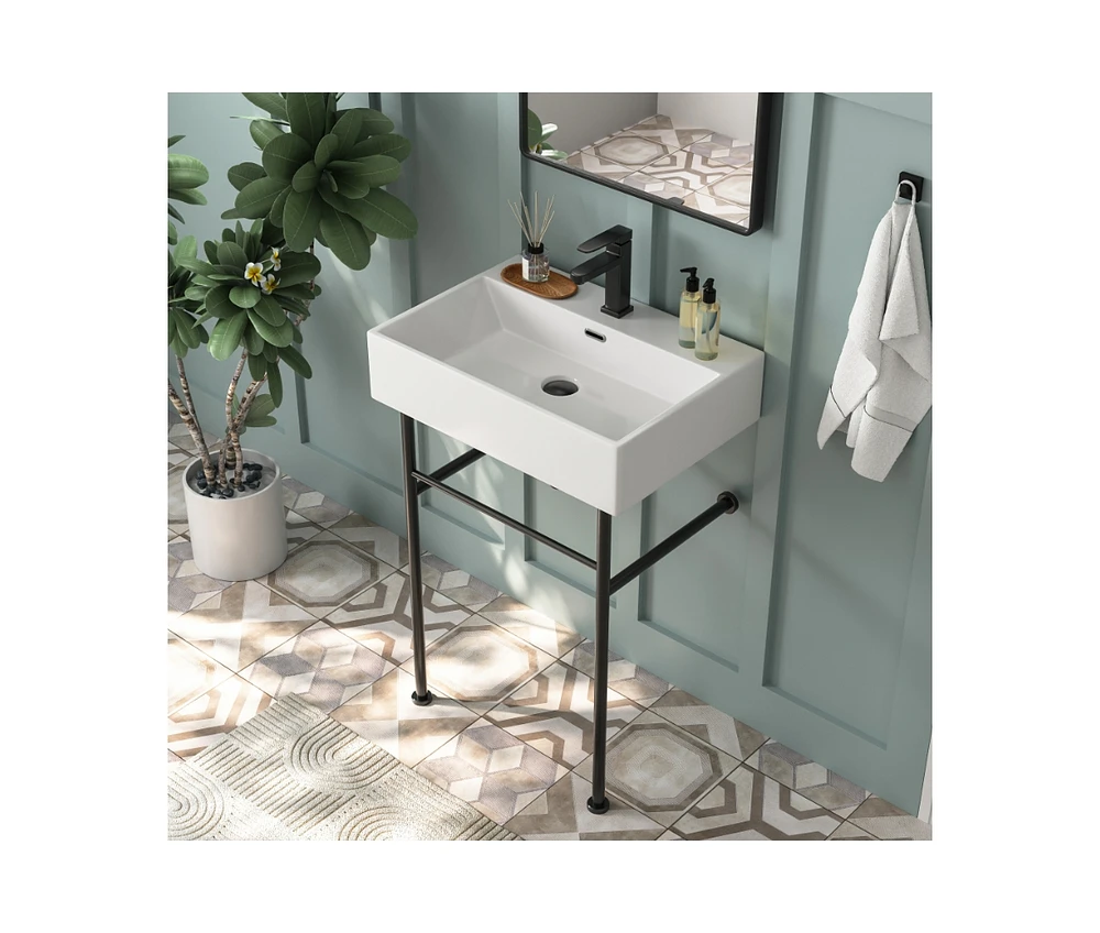 DeerValley Ceramic White Rectangular Single Faucet Hole 24 in Console Bathroom Sink with Overflow