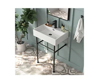 DeerValley Ceramic White Rectangular Single Faucet Hole 24 in Console Bathroom Sink with Overflow