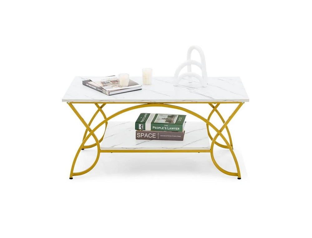 Slickblue Modern White Faux Marble 2 Tier Coffee Table with Gold Finish Metal Curved Legs