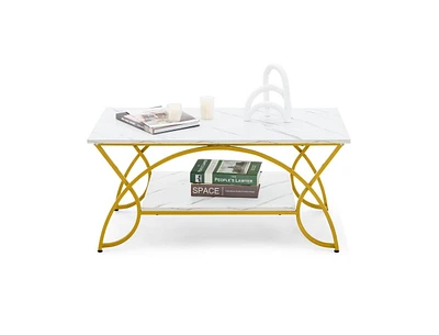 Slickblue Modern White Faux Marble 2 Tier Coffee Table with Gold Finish Metal Curved Legs