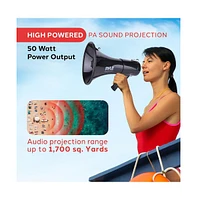 Pyle Megaphone Pa Speaker with Siren, Handheld Mic & Aux Input - 50W, 1,700+ Yard Range
