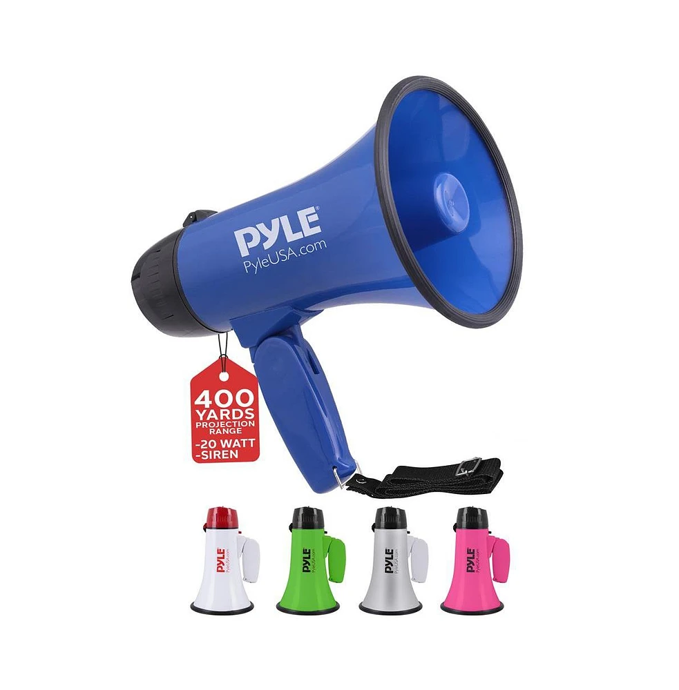 Pyle 20-Watt Mini Megaphone Speaker with Siren, Adjustable Volume, Portable, Battery Operated, Blue Bullhorn