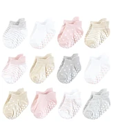 Hudson Baby Girls Non-Skid No-Show Socks, Soft Pink Dot Stripe, 12-24 Months