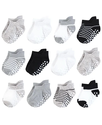 Hudson Baby Boys Non-Skid No-Show Socks, Black Gray Stripes, 12-24 Months