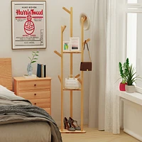 Unho Sturdy Garment Clothes Stand: Natural Bamboo Coat Rack Hat Hanger Stand with Shelves