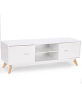 Slickblue Modern Mid-Century Style White Tv Stand with Wood Legs for Stylish Tv Storage