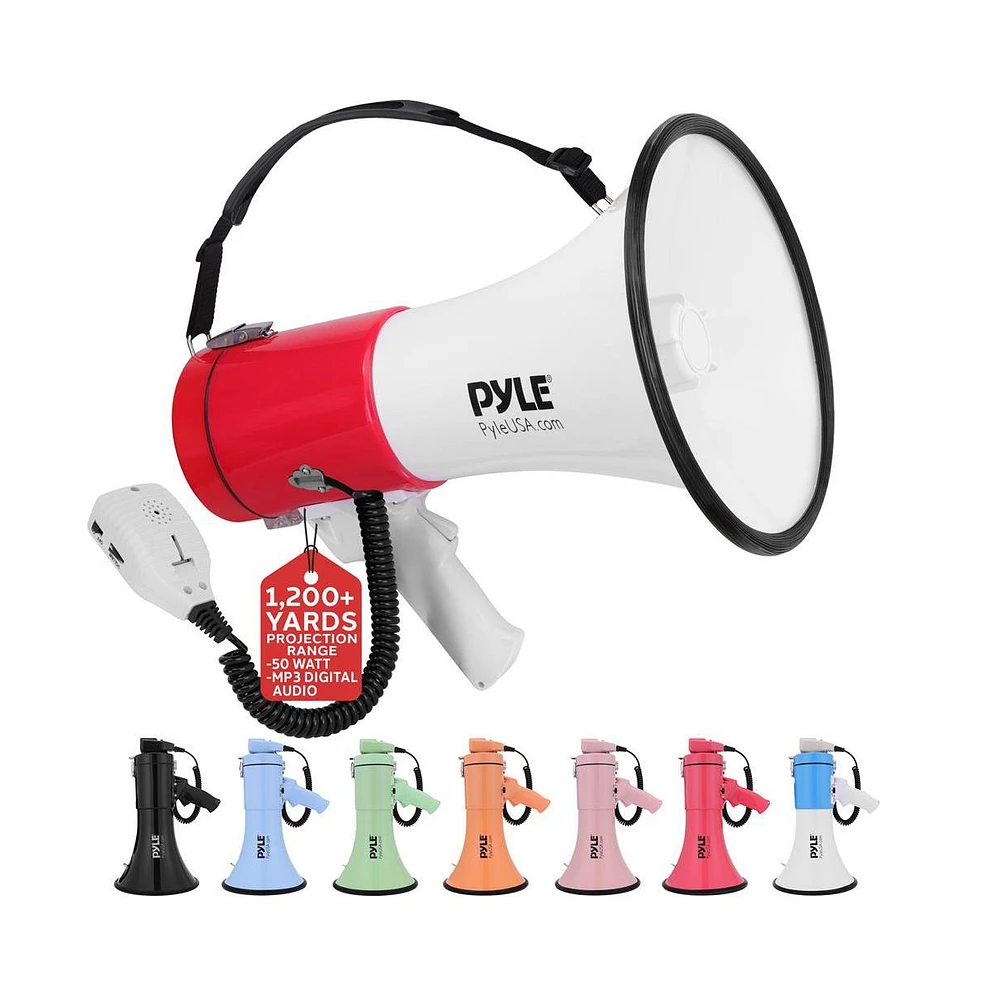 Pyle 50-Watt Portable Megaphone with Siren, MP3 Input, Automatic Siren, Shoulder Strap, Lightweight