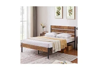 Slickblue Industrial Platform Bed Frame with Wood Slatted Headboard Footboard