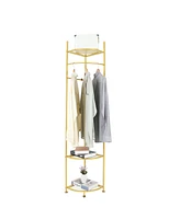 Unho Freestanding Gold Metal Coat Rack: Clothes Stand with Shelves Storage