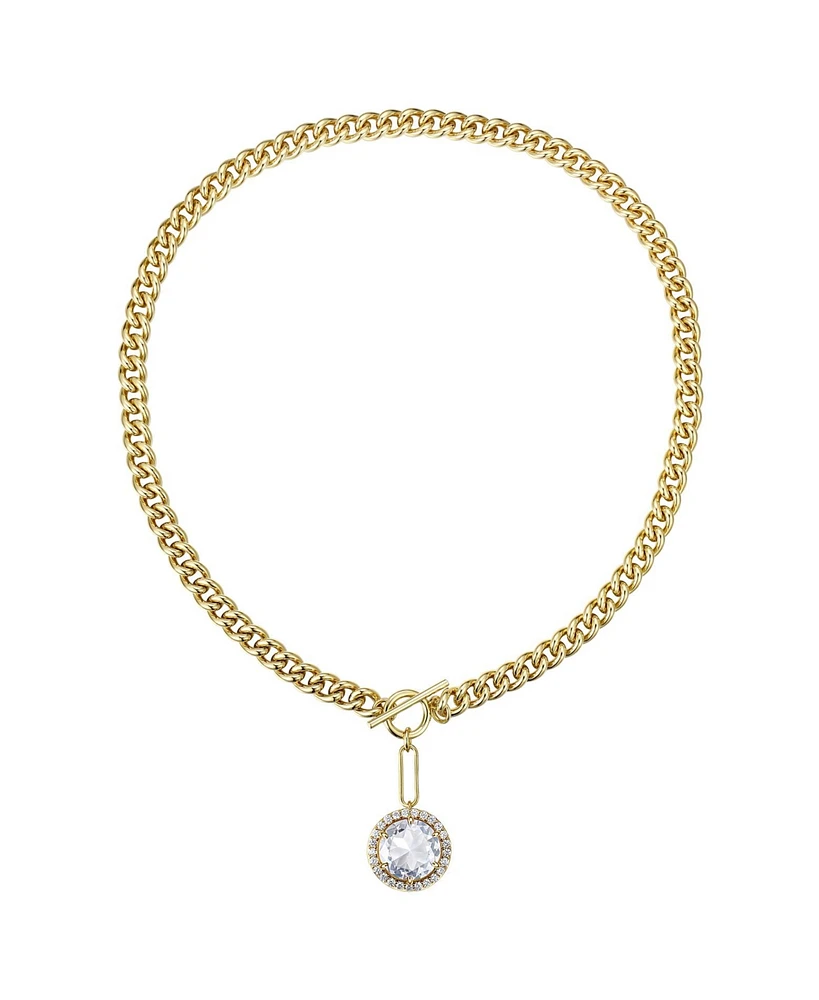 Rachel Glauber 14k Gold Plated with Clear Cubic Zirconia Halo Drop Curb Chain Necklace