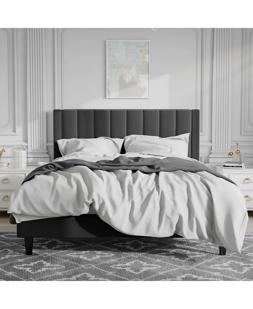 Velvet Platform Bed Frame with Headboard – Soft Upholstery, Wood Slats, and Durable Structure for Home Bedroom