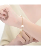 Genevive 14k Yellow Gold Plated with Freshwater Pearl & Cubic Zirconia Bezel Station Bracelet