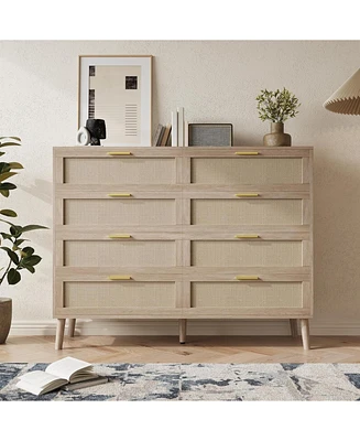 gaomon 6 Drawer Double Dresser for Bedroom, Rattan Dresser, Floor Standing Storage Cabinet, Clothes Storage Cabinet with Gold Handles, for Hallway, Li