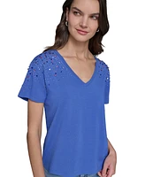Karl Lagerfeld Paris Women's Embellished V-Neck T-Shirt