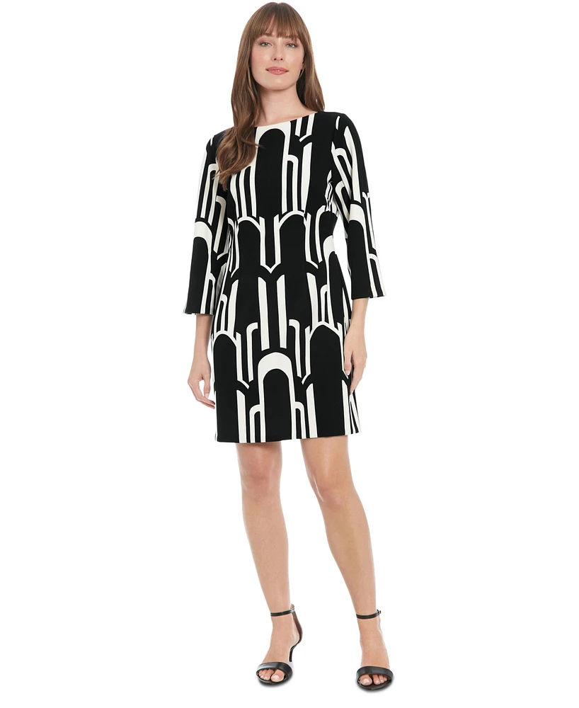 London Times Petite Geo Print 3/4-Sleeve Shift Dress