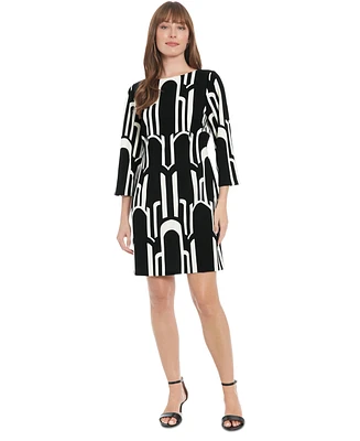 London Times Petite Geo Print 3/4-Sleeve Shift Dress