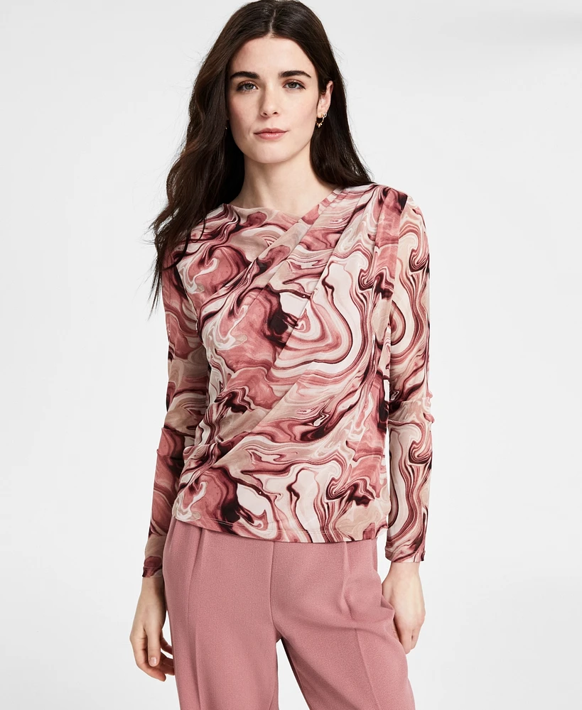 Bar Iii Women's Draped-Neck Swirl-Print Mesh Top, Exclusively at Macy's