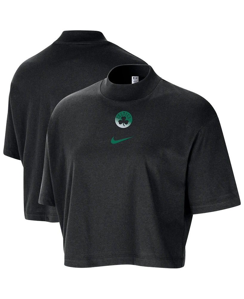 Nike Women's Black Boston Celtics Courtside Mock Neck Loose Fit Cropped T-Shirt