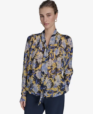 Tommy Hilfiger Women's Floral-Print Pleated Tie-Neck Blouse