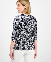 Style & Co Petite Cotton Floral Medallion 3/4-Sleeve Top, Exclusively at Macy's