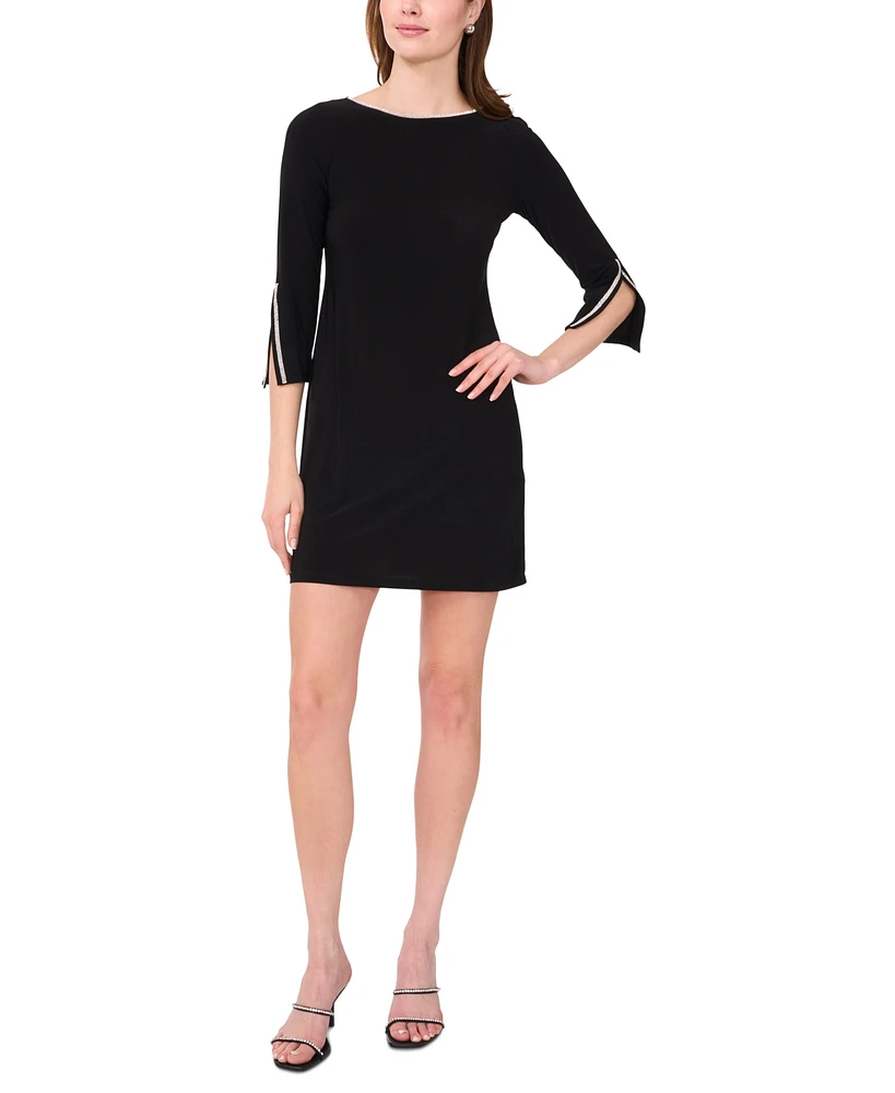 Msk Petite Round-Neck Embellished-Sleeve Shift Dress