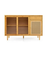 Gouun Modern Bamboo Buffet Sideboard Cabinet with Tempered Glass Sliding Doors