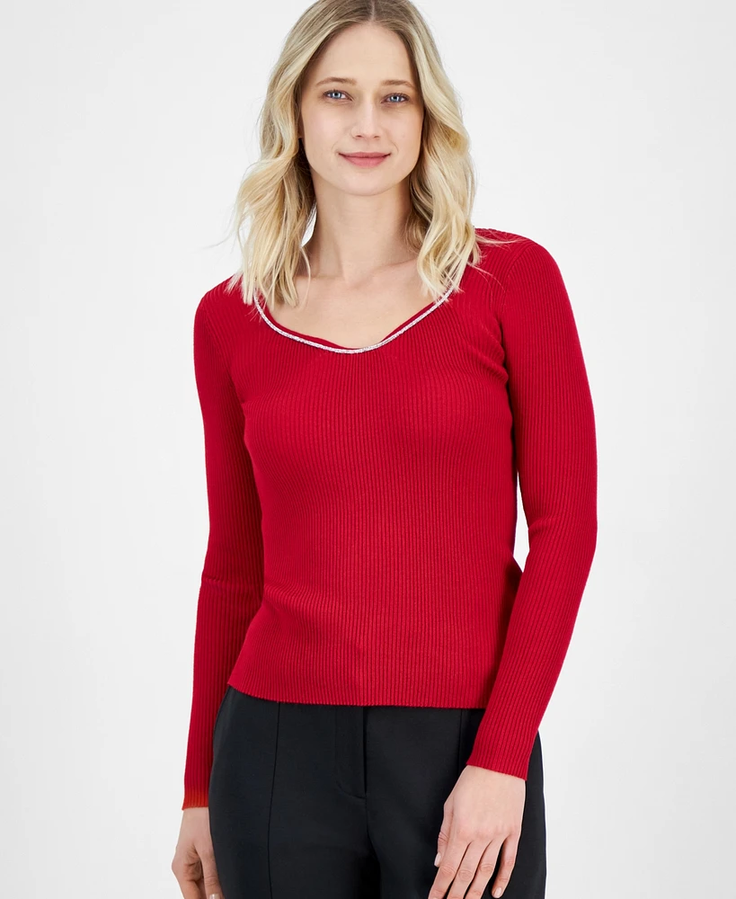 T Tahari Rhinestone Sweetheart-Neck Rib-Knit Sweater