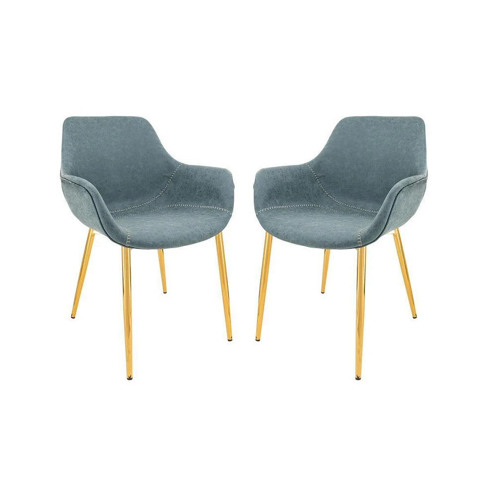 LeisureMod Markley Modern Leather Dining Arm Chair With Gold Metal Legs Set of 2