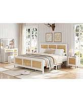 gaomon King Size Rattan Bed Frame with Headboard, White Boho Cane Platform Bed Frame with Strong Metal Slat, Noise Free