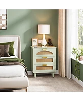 Tribesigns Mint Green Nightstand Set of 2, 3-Drawer Rattan Night Stand Side Table, Accent Bedside Tables End Table for Bedroom and Small Spaces, Easy