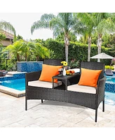 Gymax Patented Cushioned Rattan Wicker Patio Conversation Set w/ Loveseat Table Brown