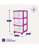 Homz Plastic 3 Drawer Medium Storage Container Tower, Clear Drawers/Purple Frame