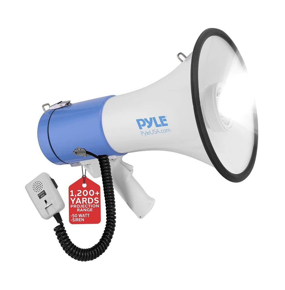 Pyle 50-Watt Megaphone with Led Lights, Siren Alarm Mode, Adjustable Volume, Portable, Battery Operated, Handheld Microphone