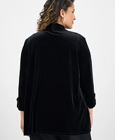 Kasper Plus 3/4-Sleeve Velour Open-Front Cardigan