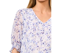 CeCe Women's Floral Elbow-Sleeve Ruffle V-Neck Blouse