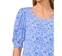 CeCe Women's Floral Shirred Scoop-Neck 3/4-Sleeve Knit Top