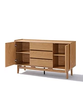 LuxenHome Summer Oak Engineered Wood 55-Inch Wide Sideboard Cabinet with 3-Drawers