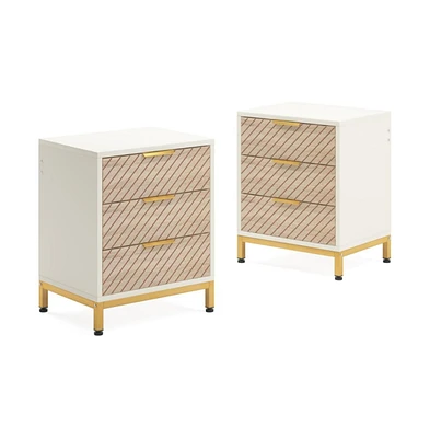 Tribesigns Night Stands Set of 2, Nightstand with 3 Drawers White and Gold Light Wood Grain Nightstands Bedside End Tables Storage for Bedrooms