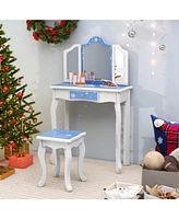 Costway Kids Vanity Set Toddler Makeup Table & Stool with Tri-folding Mirror Drawer Light