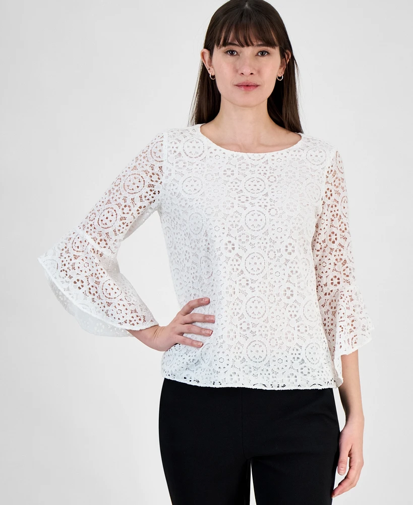 Kasper Women's Lace Bell-Sleeve Ruffle-Cuff Top, Regular and Petite Sizes