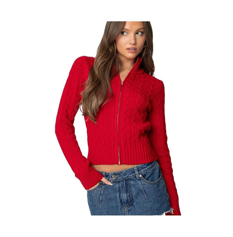 Edikted Women's Ryn Zip Up Cable Knit Cardigan