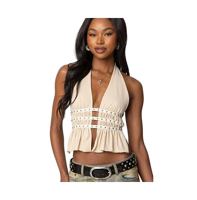 Edikted Womens Studded Split Front Backless Halter Top