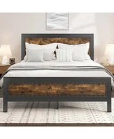 Slickblue Industrial Rivet Platform Bed Frame with Headboard in Wood Finish