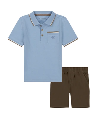 Calvin Klein Toddler and Little Boys Tipped Pique Polo Shirt Twill Shorts, 2-Piece Set